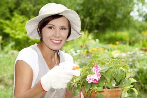 Gardeners pruning hedges with safety gear on a residential property