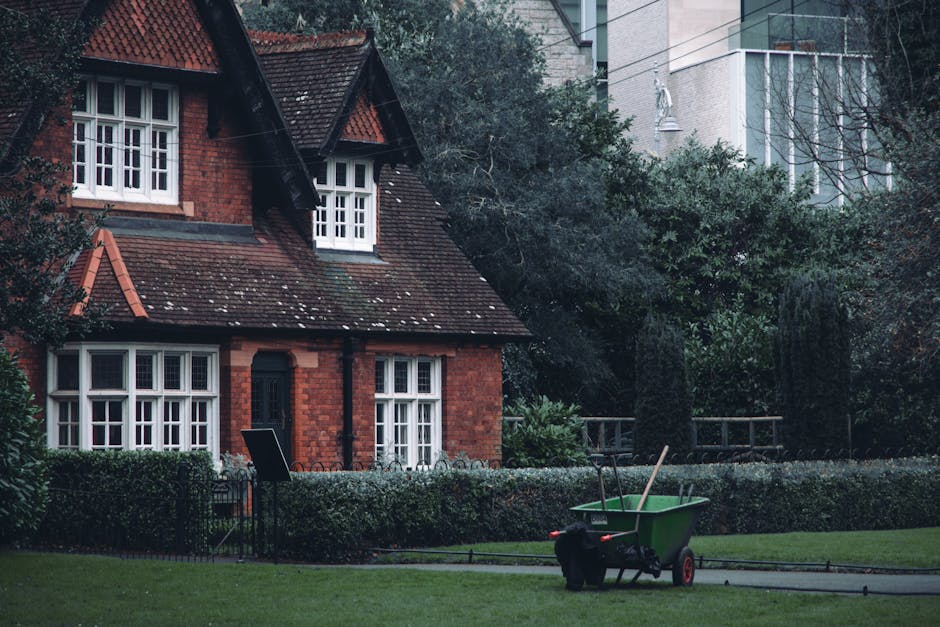A small front garden in front of a red brick house features a neatly trimmed hedge bordering the lawn area. The house has white-framed windows with multiple panes and a dark blue front door. The roof 